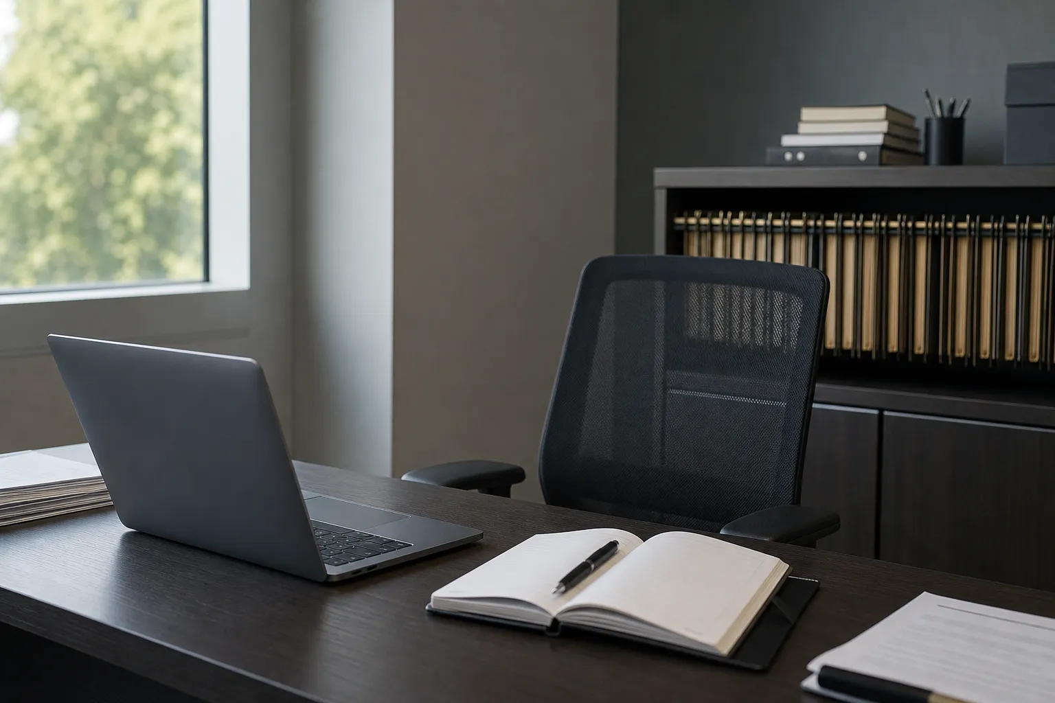 Bureau de cabinet de conseil avec dossiers suspendus et agenda papier