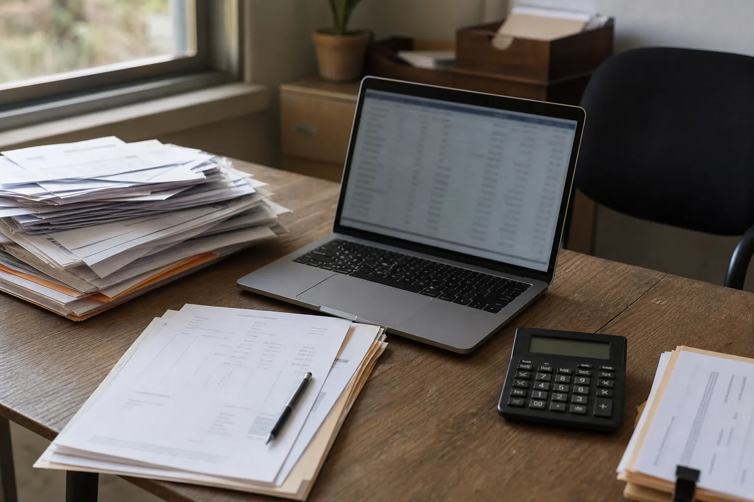 Bureau d’indépendant avec factures papier, calculatrice et ordinateur portable ouvert