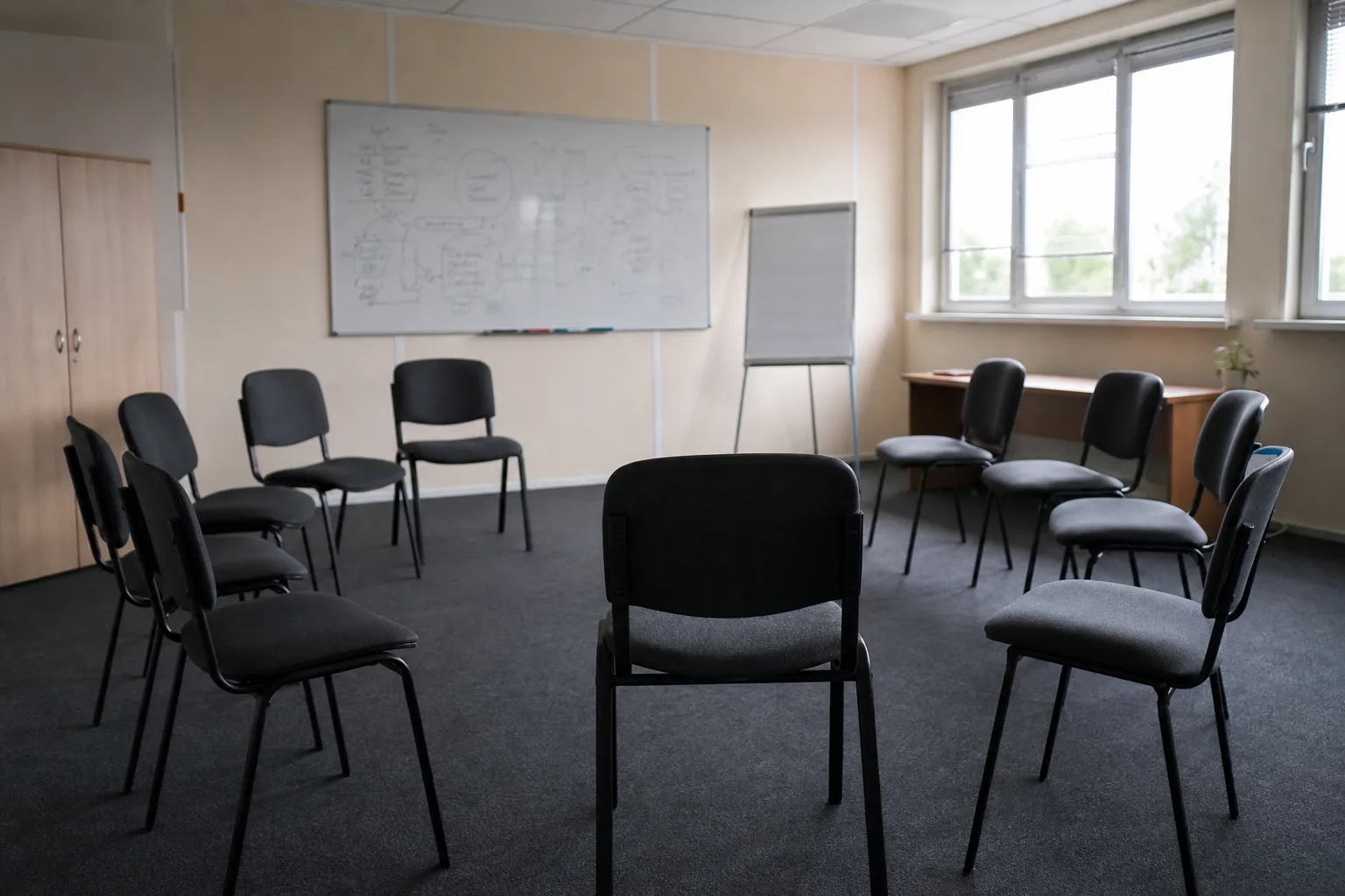 Salle de formation professionnelle avec tableau blanc et chaises disposées en cercle