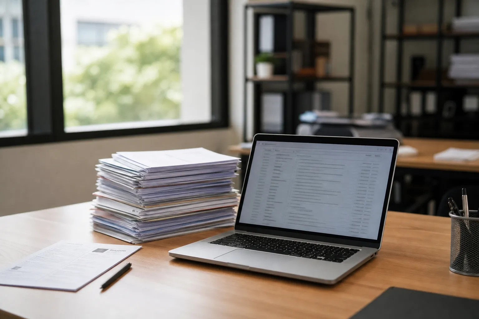 Bureau des ressources humaines avec pile de CV imprimés à côté d’un ordinateur portable