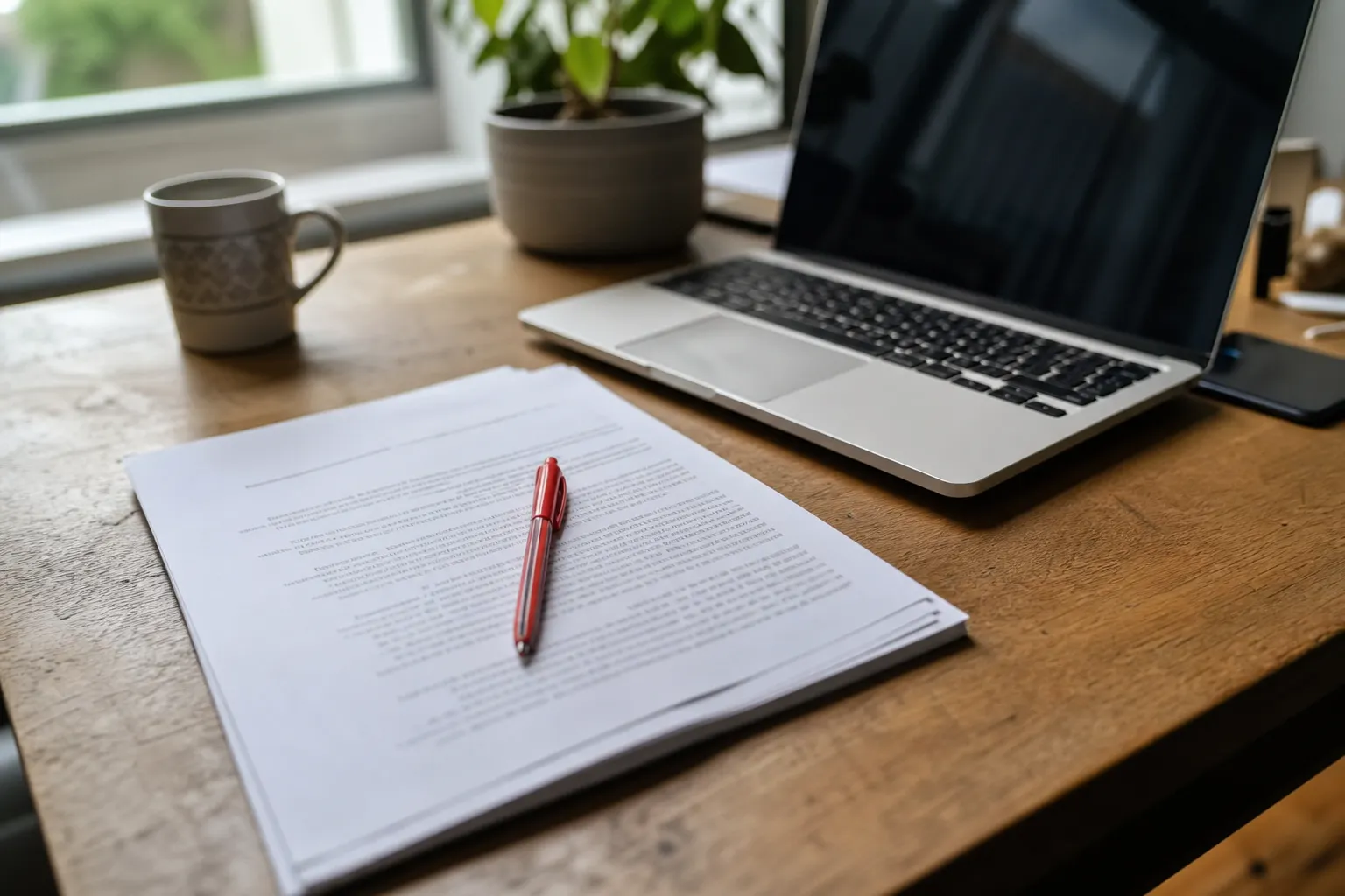 Document imprimé relu au stylo rouge à côté d’un ordinateur portable ouvert