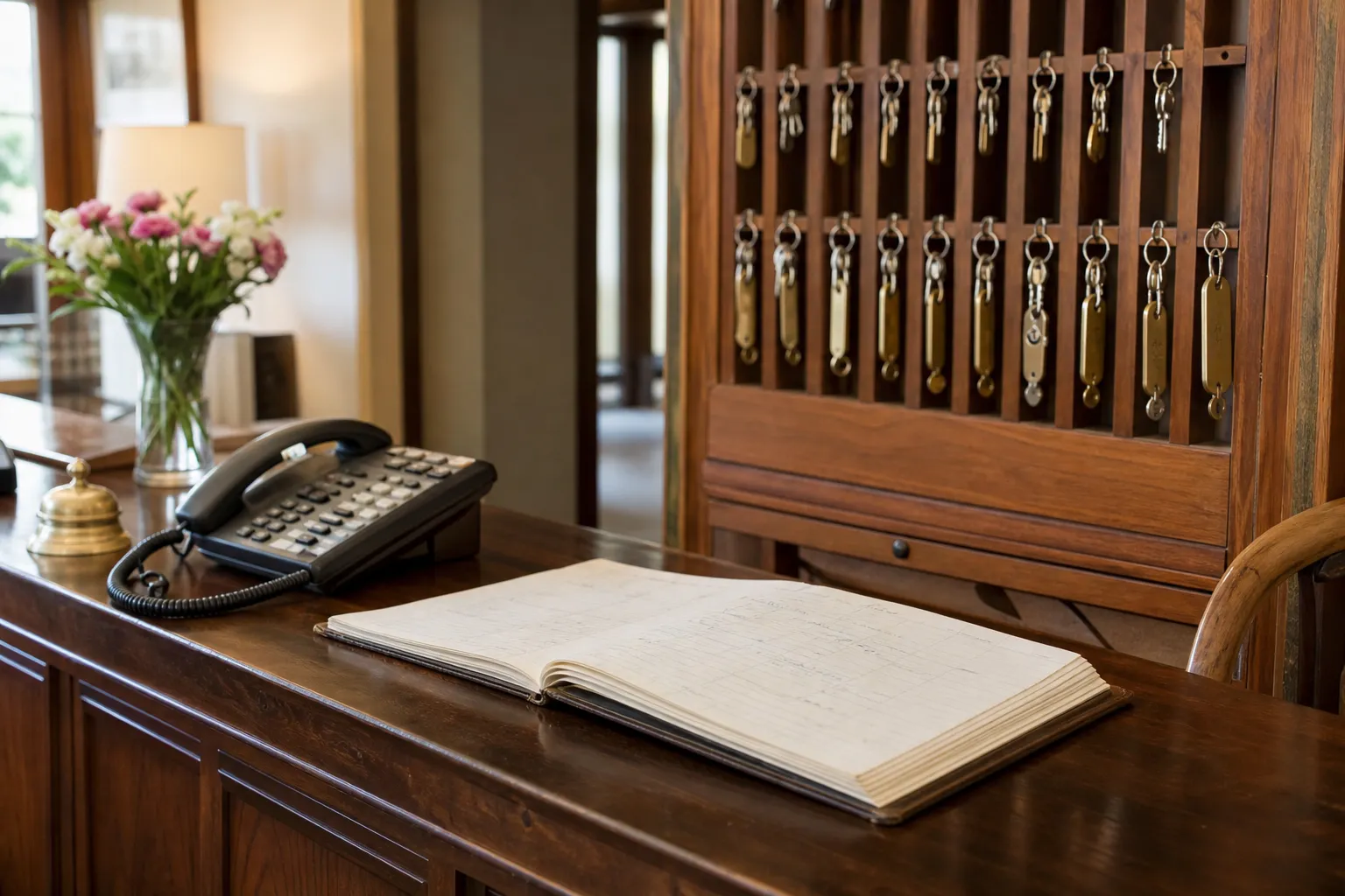 Comptoir de réception d’un petit hôtel indépendant avec cahier de réservations et clés
