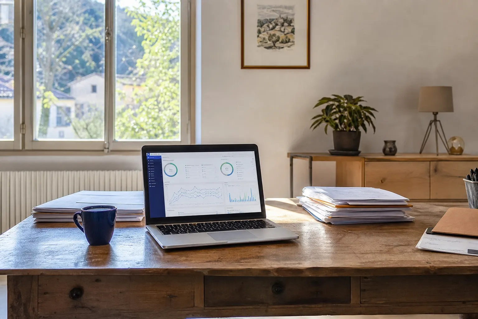 Bureau modeste de PME avec ordinateur portable affichant un tableau de bord simple, lumière naturelle