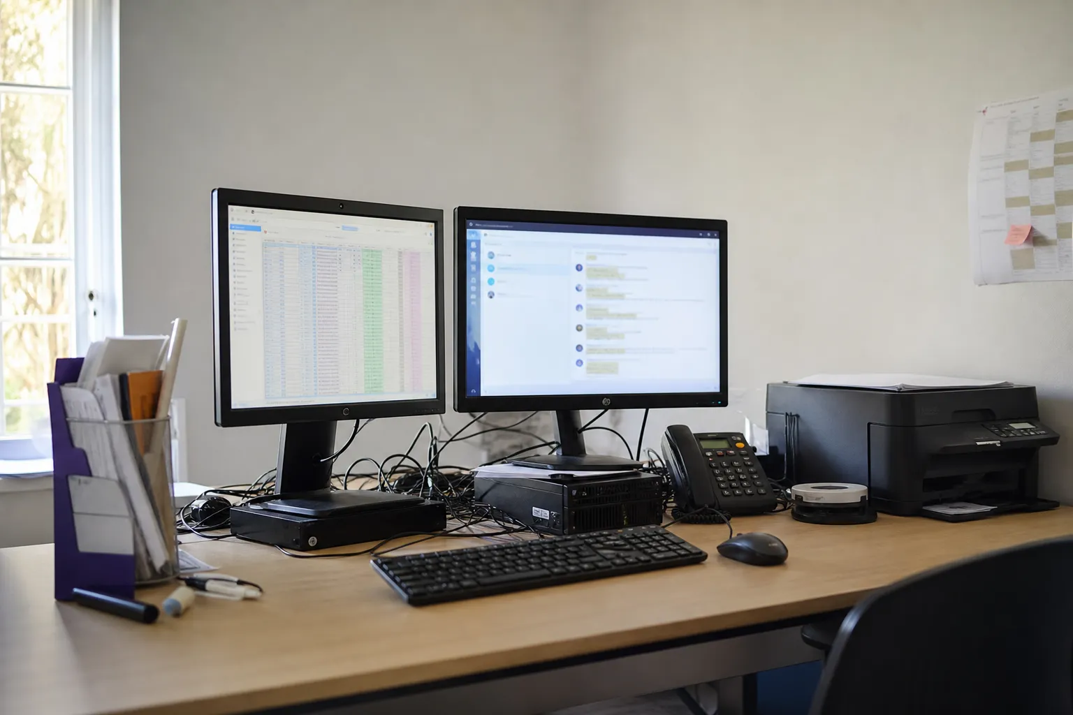 Deux écrans reliés sur un même bureau de petite entreprise, câbles visibles