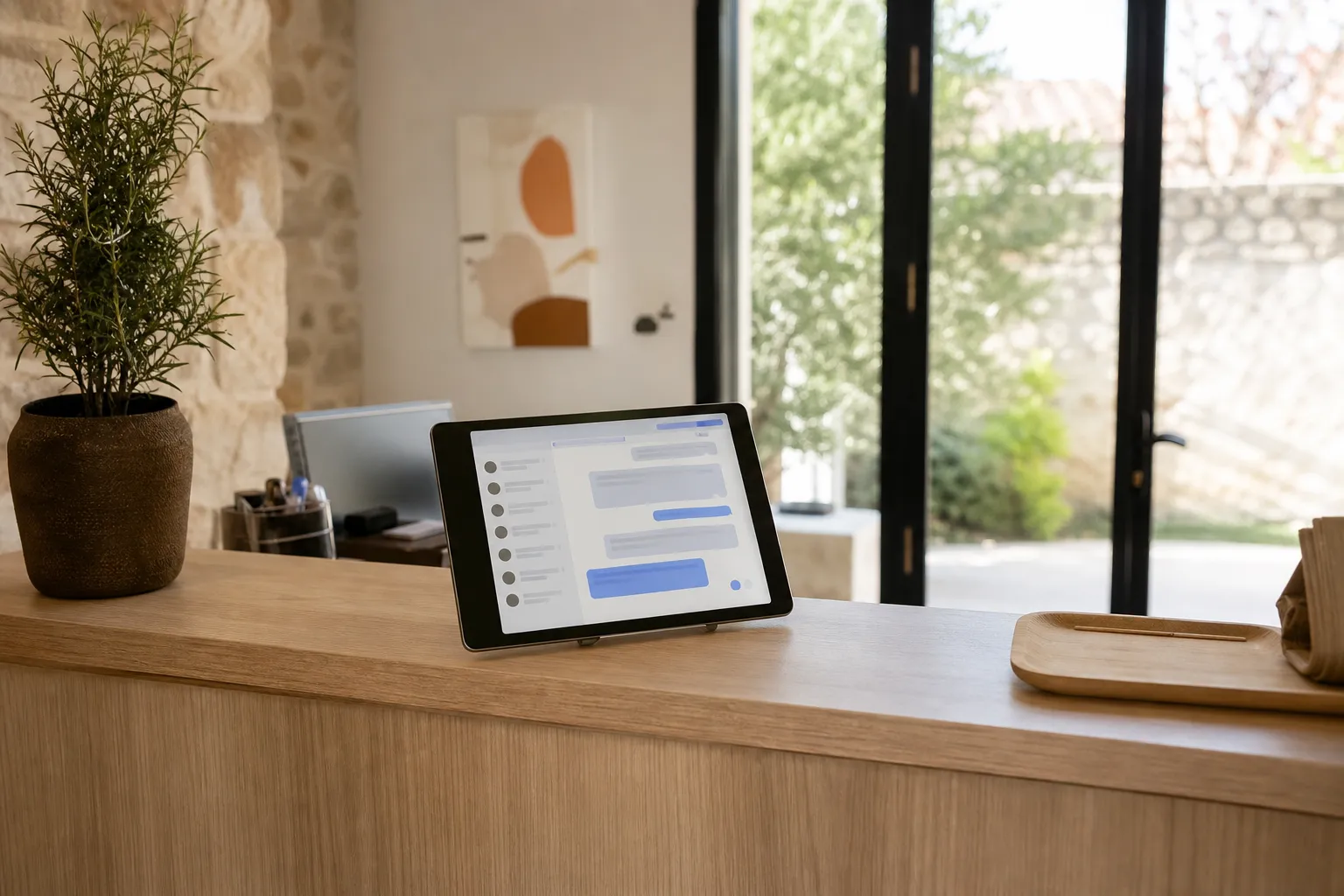 Comptoir d’accueil d’une petite entreprise avec tablette affichant une fenêtre de conversation